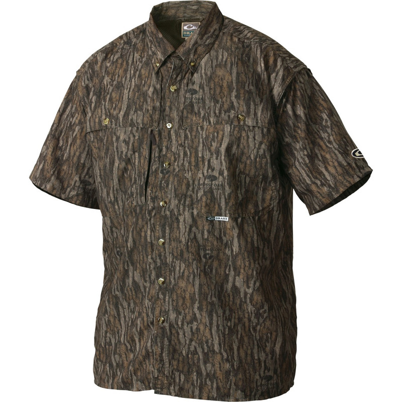 Drake Short Sleeve Vented Wingshooters Shirt in Mossy Oak Bottomland Color
